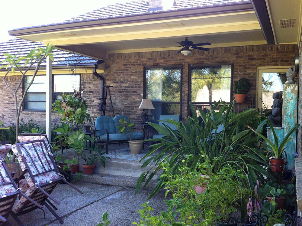 Painted Patio Cover With Ceiling Fan Shades Busy Backyard In